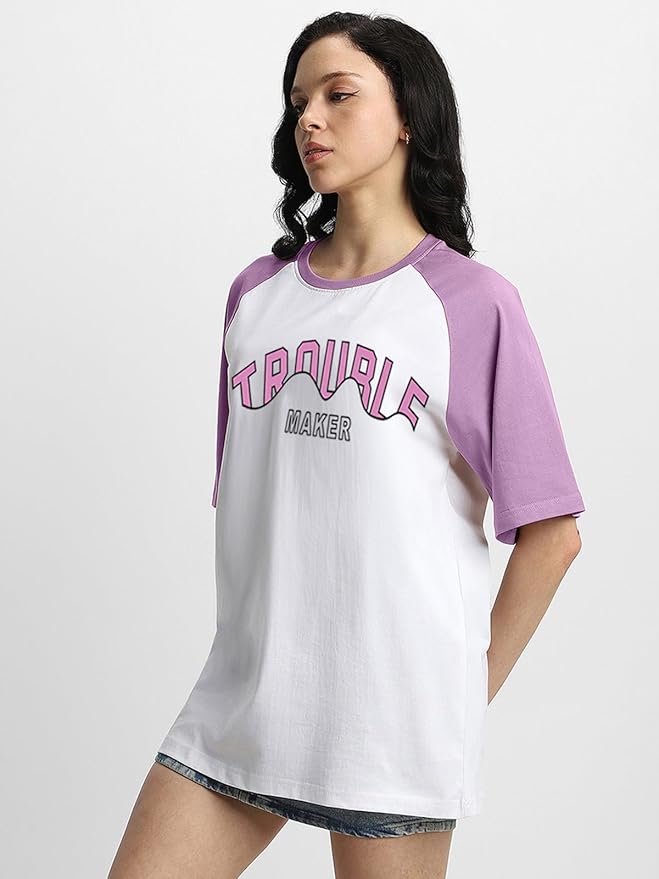 JUNEBERRY® 100% Pure Cotton Oversized Fit Drop Shoulder Graphic Printed Raglan Sleeves Boyfriend T-Shirt for Women - Image 3