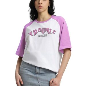 JUNEBERRY® 100% Pure Cotton Oversized Fit Drop Shoulder Graphic Printed Raglan Sleeves Boyfriend T-Shirt for Women