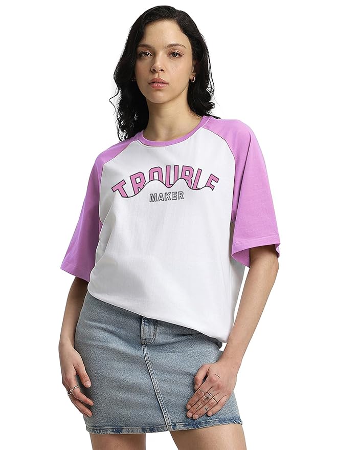 JUNEBERRY® 100% Pure Cotton Oversized Fit Drop Shoulder Graphic Printed Raglan Sleeves Boyfriend T-Shirt for Women